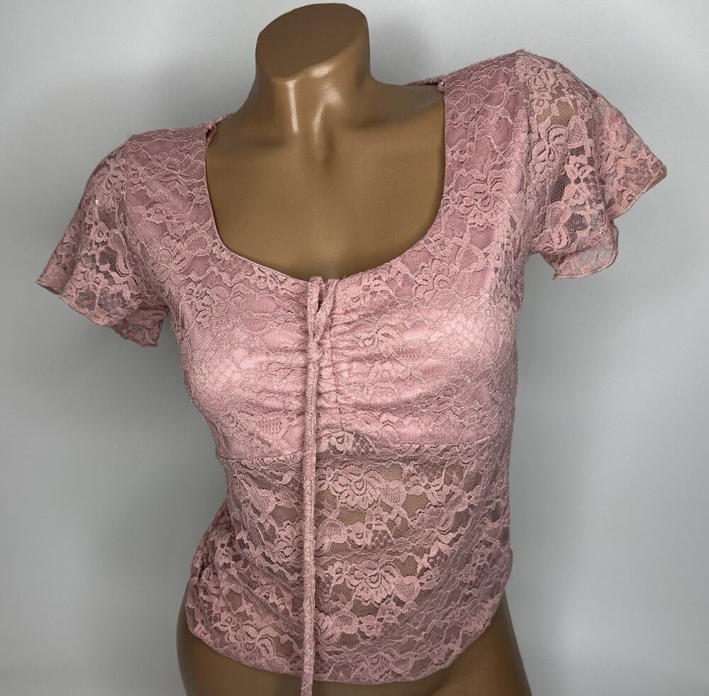 Wild Love Womens Small Mauve Pink Lace Ruched Tie Front Top Sheer Coquette Y2K